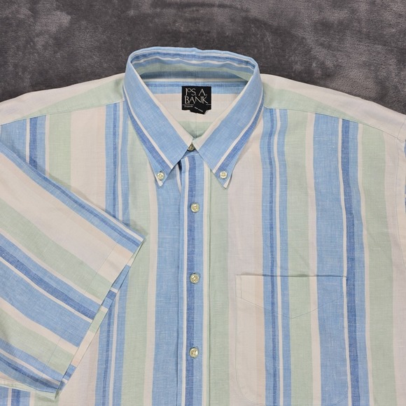 Jos A Bank Travelers Linen Button Shirt Mens XL Beige Blue Stripe Beach Casual - Picture 1 of 7